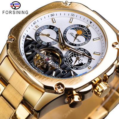 China Luxury Steampunk Mechanical Mens Tourbillon Forsining Tourbillon Moon Phase Watch Self-Winding Gold Steel Wrist Watch for sale