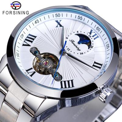 China Silver Stainless Steel Roman Numeral Moonphase Clock Male Automatic Mechanical Wrist Watch Men Tourbillon Classic Tourbillon Forsining for sale