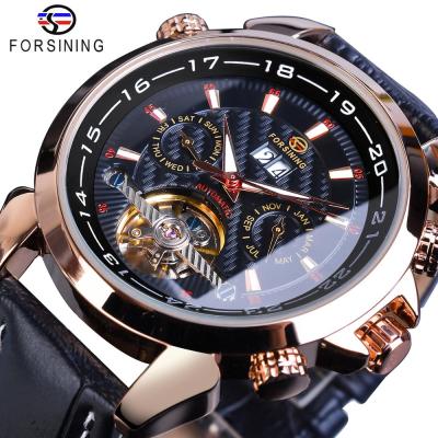 China Male Genuine Leather Clock Reloj Hombre 2019 Classic Automatic Skeleton Date Tourbillon Forsining Rose Golden Tourbillon Mechanical Watches for sale