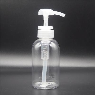 China 250ml round shape PET empty cosmetic cream transprant packaging cosmetic liquid designed body lotion bottle with dispensor cap for sale