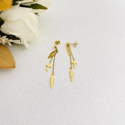 China FASHIONABLE hypoallergenic jewelry wholesale gold leaves and charm earrings stainless steel cross dangle earrings for sale