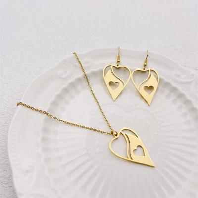 China TRENDY Special Carved Hollow Heart Necklace Anti Tarnish Drop Dangle Earring Stainless Steel Jewelry Set for sale