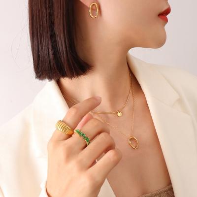 China Wholesale TRENDY Trendy Jewelry Sets 14k Gold Plated Geometric Oval Pendant Necklace Stainless Steel Earring Necklace Jewelry Set for sale