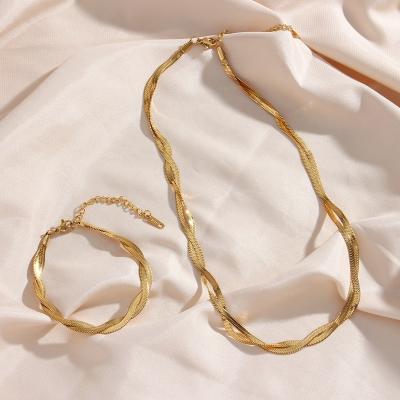 China Wholesale Romantic Trending Gold Plated Stainless Steel Double Layer Twisted Braided Flat Herringbone Snake Chain Necklace Bracelet Sets for sale