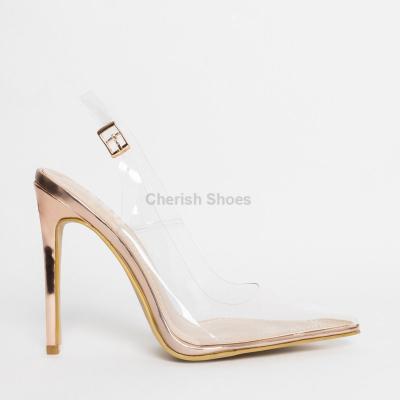 China Height Increasing New Fashion Open Heel Shoe Pointed Toe Rose Gold Bare Patent Wedding Pumps Sandals Women's Transparent Stiletto Heels Court Shoes for sale