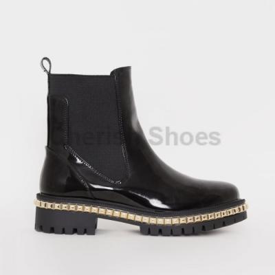 China New Arrival Mid Rise Calf Black Chunky Boot Inside Zipper Rivet Black Patent Studded Platform Gold Ribbon Martin Boots For Cool Girl for sale