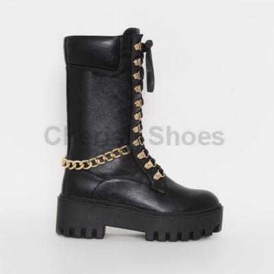 China Fashion trend new arrival sexy women black sexy platform lace up boots gold chain trim inside zipper croc boots block heel for girl fresh for sale