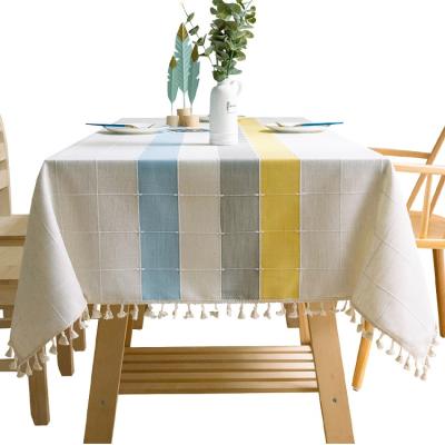 China Restaurant Washed Waterproof Cotton Tablecloth Cheap Linen Textile Rectangular Round Table Clothes With Tassel for sale