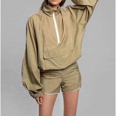 China Breathable 2 Piece Set Long Sleeve Half Zipper Piping Top Shorts Anorak Set Matching Women Sets for sale