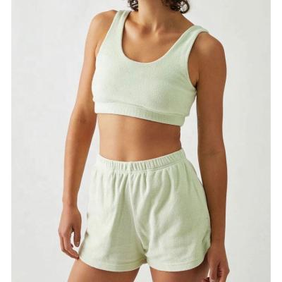 China Breathable High Quality Two Piece Pants Sets Women Short Toweling Crop Top High Waist Shorts Matching Women Sets for sale