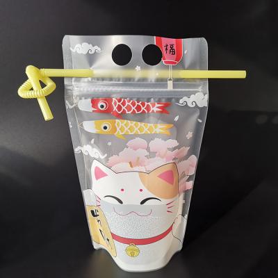 China Pre-Printed Matte Clear Stand Up Drink Pouches with Hanging Holes and Colorful Straws for sale