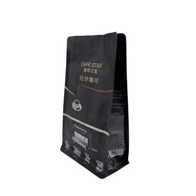 China Luxury Black Aluminium Foil Lined 250g 8 Side Sealed Flat Box Bottom Coffee Bags With Valve And Rip Zipper for sale