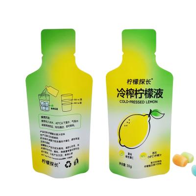 China Custom Printed Smell Proof Bottle Shaped Stand Up Pouch Bags with Foil Lined Tear Notch for Lemon Juice Drinks Packaging for sale