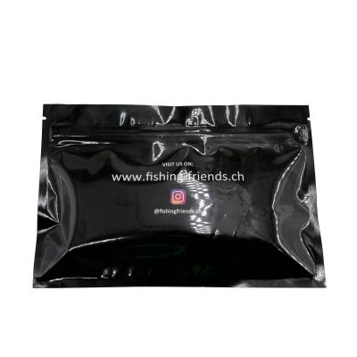 China Custom Printed Black Front Clear Back Silver Foil Lined Lay Flat Zipper Mylar Bags for Fishing Baits Packaging for sale