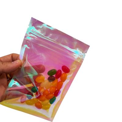 China Custom Pink Rainbow Color Holographic Flat Zipper Pouch 3 Sides Sealed Bags for Packing Food, Accessories, Cosmetics for sale