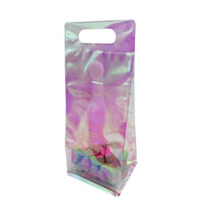 China Custom Holographic Pouch Pink Rainbow Clear Flat Bottom Stand Up Bags with Resealable Sticky Button for Candy Accessory for sale