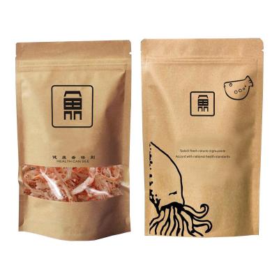 China Printed Stand Up Kraft Paper Bag with Zipper with Matte Clear Window for Dry Sea Food Packaging for sale