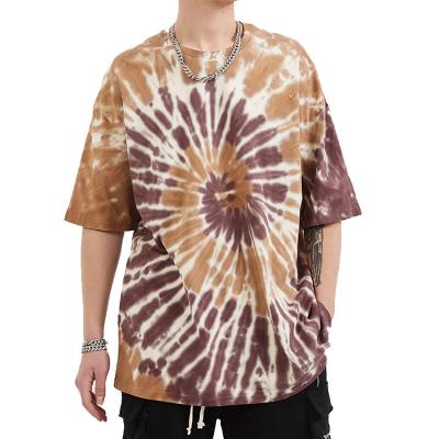 China New Design Anti-Wrinkle Tie Dye Cotton O Neck T-shirt Men's Round Neck Pullover Rainbow Dye T-shirt for sale