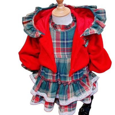 China Wholesale Anti-wrinkle Christmas kids clothes boutique baby cotton plaid knitting dress with ruffle coat red wool Christmas for sale