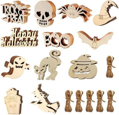 China Europe Halloween Wooden Slices Wood Tags Ornaments Wooden Hanging Crafts With String For Halloween DIY Decoration Hanging Supplies for sale