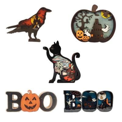 China Europe Halloween 3D Carvings Decoration Wooden Desk Ornaments Wholesale Wooden Signs Luxury Ornaments Party Decorations Light for sale