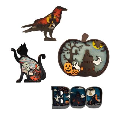 China Wholesale Europe Halloween 3D Wooden Signs Luxury Ornaments Party Decorations Wood Carvings Desktop Ornaments for sale