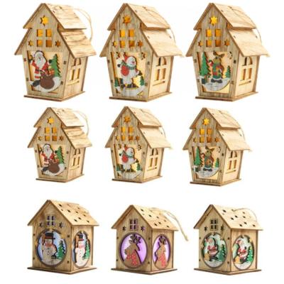 China DIY Europe Wooden Room With LED Light Wooden Cottage For Christmas Tree Home Decor Cutout Christmas Sign Wooden Decorations for sale