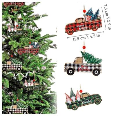 China Europe Christmas Ornaments Rustic Wooden Truck Hang Red Ornaments Vintage Plaid Painted Truck Christmas Tree Decorations for sale