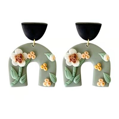 China FASHIONABLE Creative Soft Pottery Flower Color Teardrop Clay U-Shaped Earrings for sale