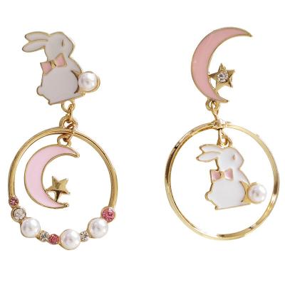 China S925 Needle Cute Silver Rabbit Asymmetric Stud Earrings Girl Diamond-studded Earrings Sweet Star Pearl Moon Earrings for sale