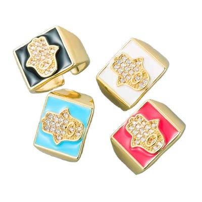 China FASHIONABLE Color Copper Gold Plated Palm Square Opening Zircon Oil Drip Adjustable Ring for sale