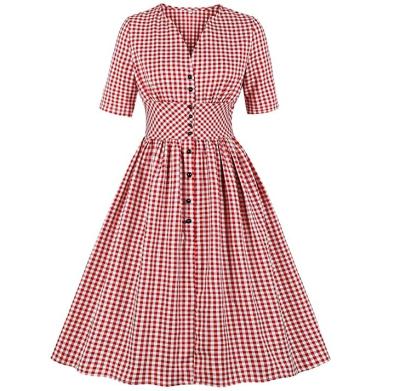 China HDL Anti-Static Women's Casual Dress Plaid Pattern Split Neck Button Floral Tea Dress for sale