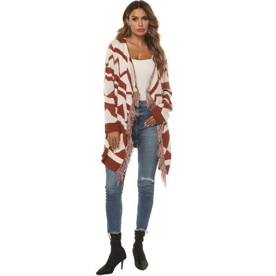 China Amazon Autumn Winter Women Custom Made Fringe Colorful Block Tassel Sweater Long Front Cardigan Sweater for sale