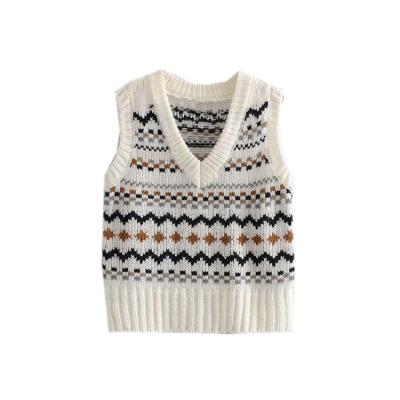 China Wholesale Custom Viable V Neck Sleeveless Jacquard Knitted Sweater Top Vest Women for sale