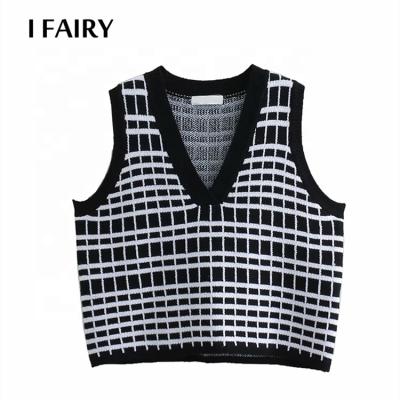 China Viable Women's Casual V-Neckline Black And White Plaid Knit Short Pullover Sweater Vest for sale