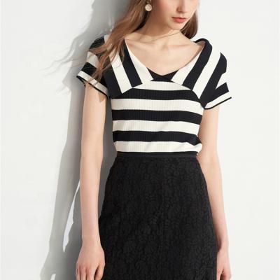 China Anti Shrink Ladies Ruffle Neck Short Sleeve Silk Sweater Stripes Knit Shirt for sale