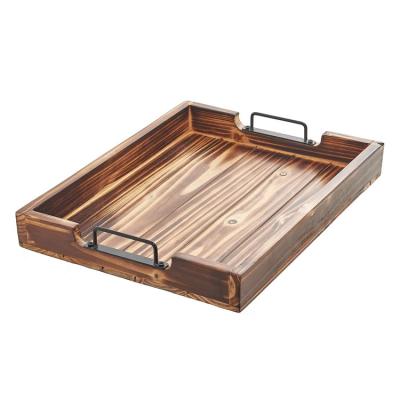 China Eco-Friendly Custom Rustic Wooden Coffee Tea Serving Tray Ottoman Tray with Metal Handles for sale