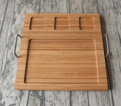 China Sustainable Wholesale 3 Holes Seasoning Plate Place Bamboo Food Serving Tray Cheese Board With Metal Handle for sale