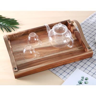 China Eco-Friendly High Quality Custom Breakfast Tray Acacia Wood Serving Tea Tray With Leather Handle for sale