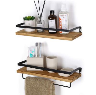 China Metal Construction Sustainable Design Wall Mounted Floating Storage Shelves Wooden Spice Rack With Towel Rack for sale