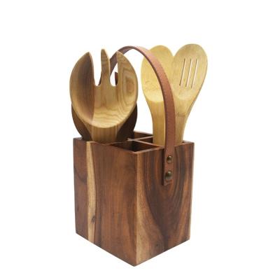 China Naturally 4 Compartment Sustainable Kitchen Organizer Acacia Wood Cooking Utensil Holder With Leather Handle for sale