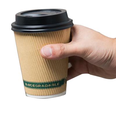 China Recyclable Customize 8oz 14oz Cold / Hot Drink Eco Friendly Compostable Disposable Pla Coated Double Lid Wall Ripple Paper Coffee Cups for sale