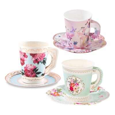 China Recyclable Good Quality Printed Disposable Wedding Party Laminated Waterproof Reuse Cute Paper Tea Cups With Handles for sale