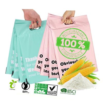 China Tearproof/Strong Adhesive/Opaque/Perfect Printing/Custom Security Printed Pink Biodegradable Cornstarch Apparel Mailing Envelopes Polymailer Mailing Mailer Bag With Handle for sale