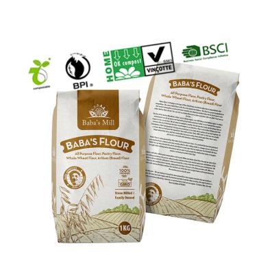 China 1kg 2kg 5kg 10kg Custom Biodegradable Moistureproof Recyclable Paper Stand Up Seal Four Sides Cereal Wheat Powder Corn Flour Packaging Bag for sale