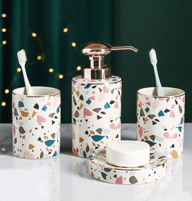 China Marbling Design Ceramic Bath Accessory Set Gilt Edged Decal Glazed for sale