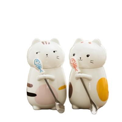 China Cartoon Style 3D Cute Cat Creative Ceramic Mugs With Lid Spoon for sale