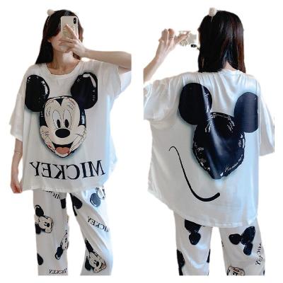 China Wholesale QUICK DRY summer women's three-piece suit pajamas Mickey cartoon pattern thin pajamas home service for sale