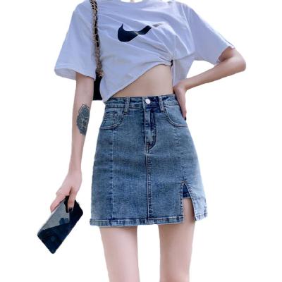 China High Quality Plus Size Stretch Plus Size Denim Skirt Female High Waist Short Skirt Slit Line One for sale