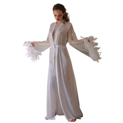 China Sale Baju Tidur QUICK DRY Full V-Neck Drop Women's Long Robes Sleepwear Women Silk In Stock Items Lace Up Elastic Waist for sale